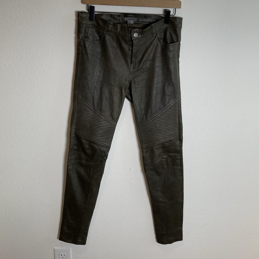 Vince Leather Moto Skinny Pants Stretch Lambskin Dark Olive Size 6 Luxury Design